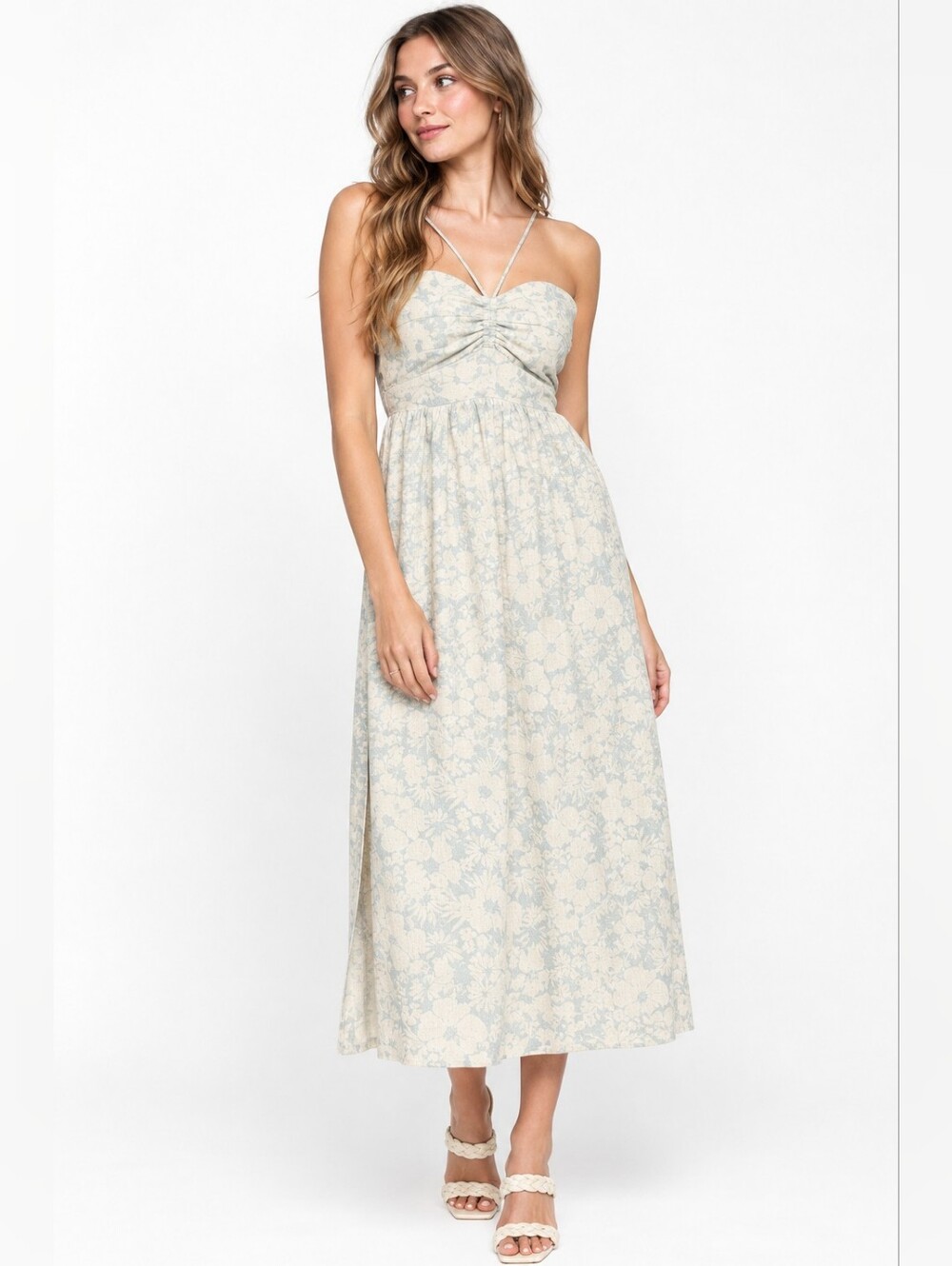 Gentle Fawn Riviera Linen Blend Floral Halter Neck Dress Cream Dusty Blue Large